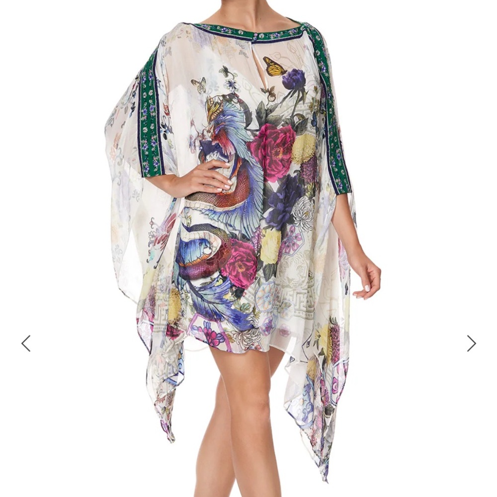 Camilla Floral Sheer Kimono Dress - White with Multicolor Floral Print - Picture 2 of 8